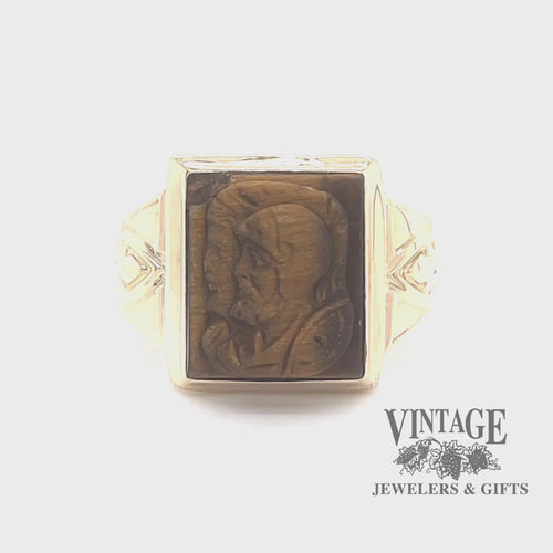 Revolving video of 14 karat yellow gold Tiger eye intaglio signet ring