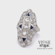 Revolving video of Platinum filigree Edwardian 1.56ctw diamond and sapphire ring
