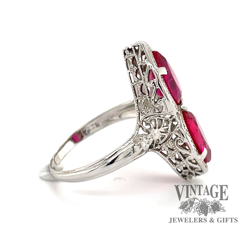14 karat white gold 2.8 carat total weight ruby vintage filigree ring, side view