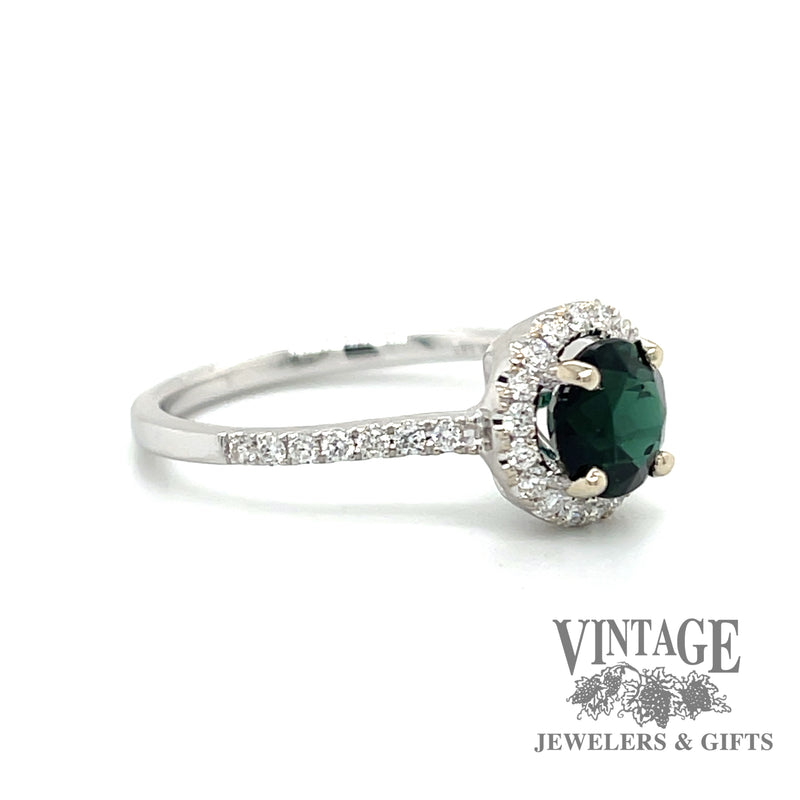 Green tourmaline and diamond 14kw halo ring