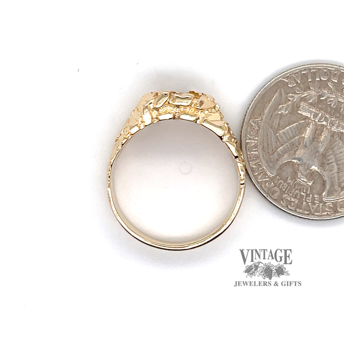 Cast nugget 14ky gold .16 carat diamond signet ring quarter for scale