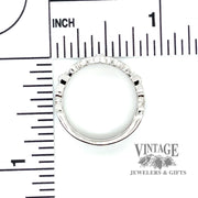 14 karat white gold diamond filigree band ring, showing measurements