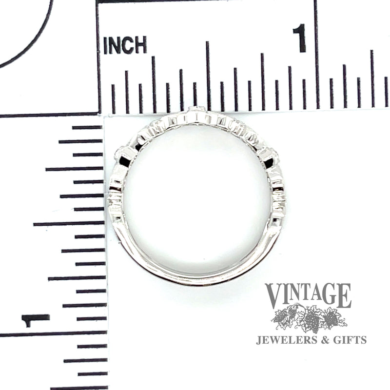 14 karat white gold diamond filigree band ring, showing measurements