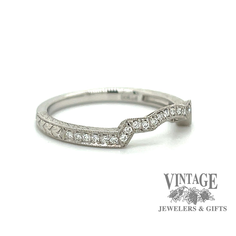 Platinum hand engraved fitted diamond wedding band angle