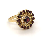 18 karat yellow gold filigree garnet cluster ring