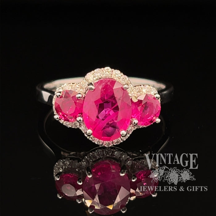 18 kaat white gold 3 stone ruby and diamond halo ring, front