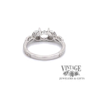 14 karat white gold, vintage inspired, leaf design diamond semi ring mounting, rear view