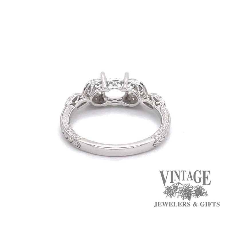 14 karat white gold, vintage inspired, leaf design diamond semi ring mounting, rear view
