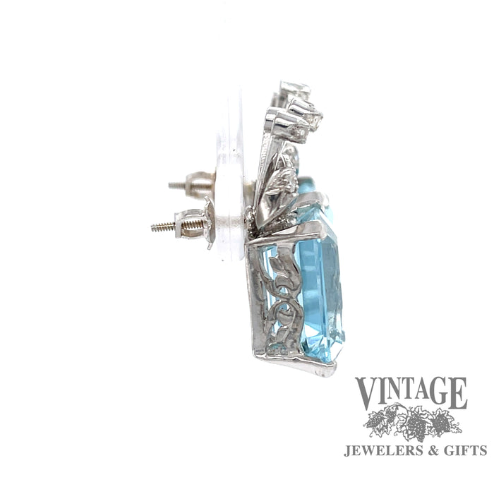 18k white gold Aquamarine emerald cut earrings, side view