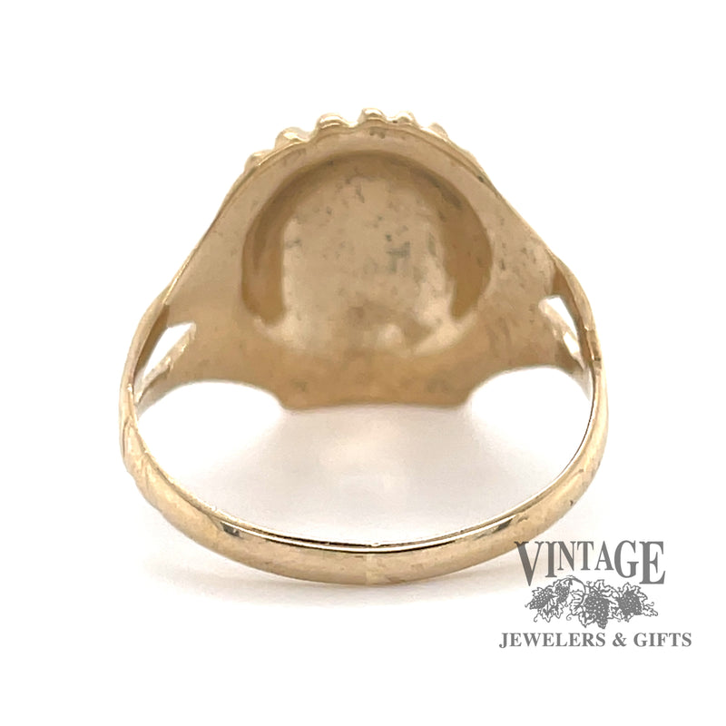 14 karat yellow gold raised relief native American chief ring, rear view