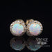 Opal and diamond 14ky gold halo stud earrings close up