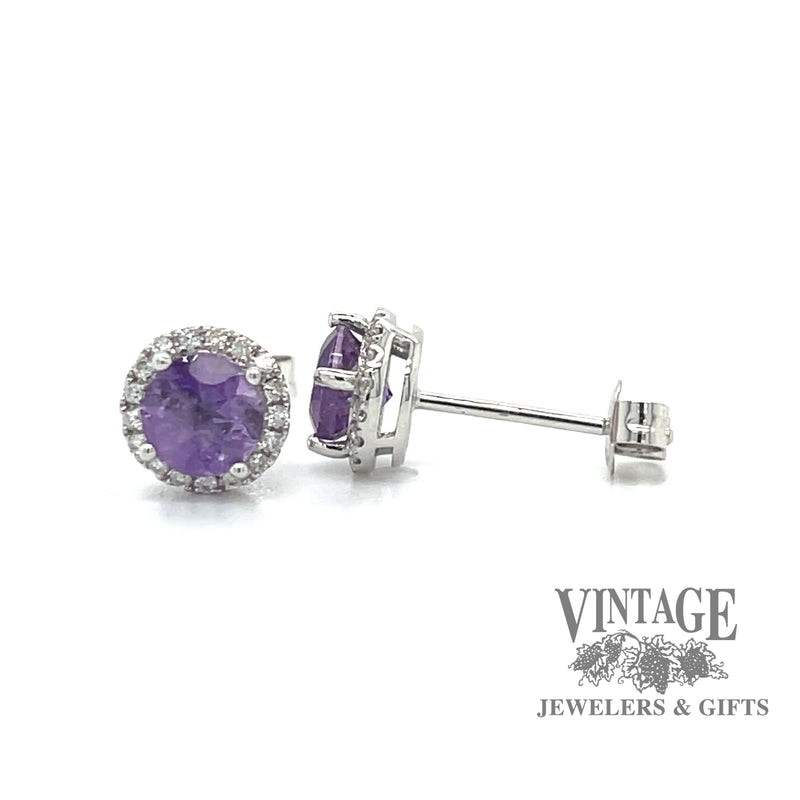 Amethyst and diamond 14kw gold halo stud earrings