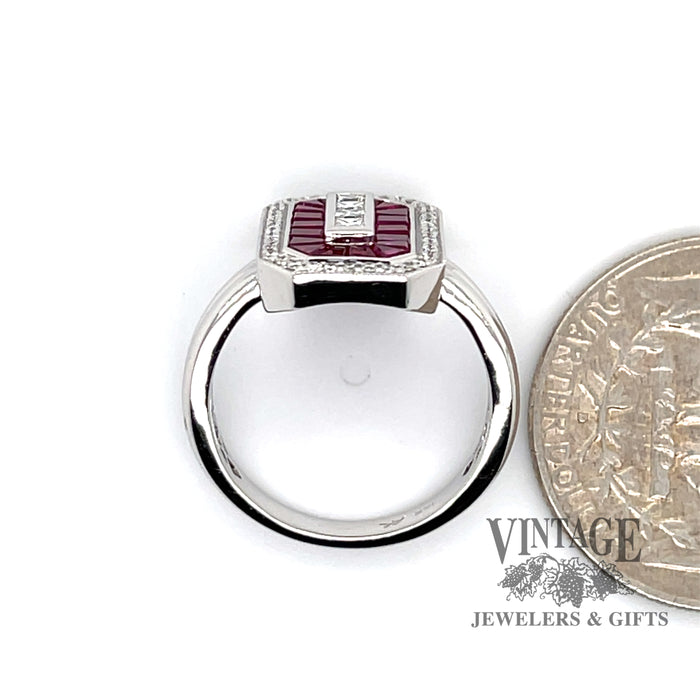 Vintage inspired 14 karat white gold natural ruby and diamond octagonal shape ring, shown with quarter for size reference