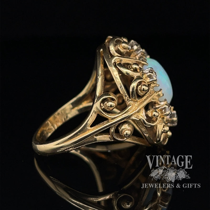 Opal and diamond 14ky gold scroll ring side