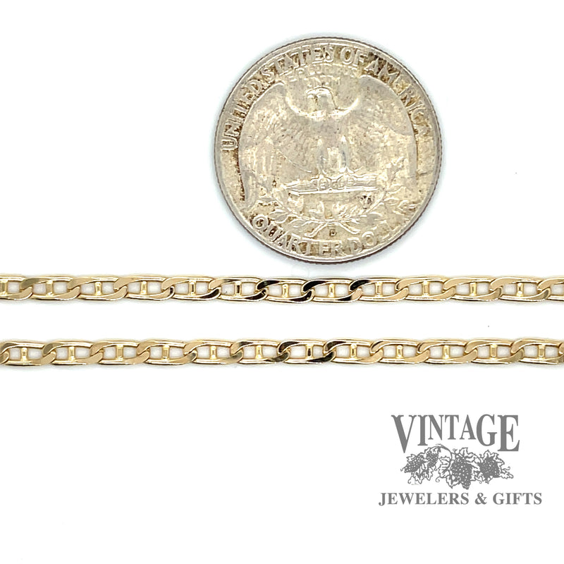 24” 3mm 14ky gold anchor chain quarter for scale