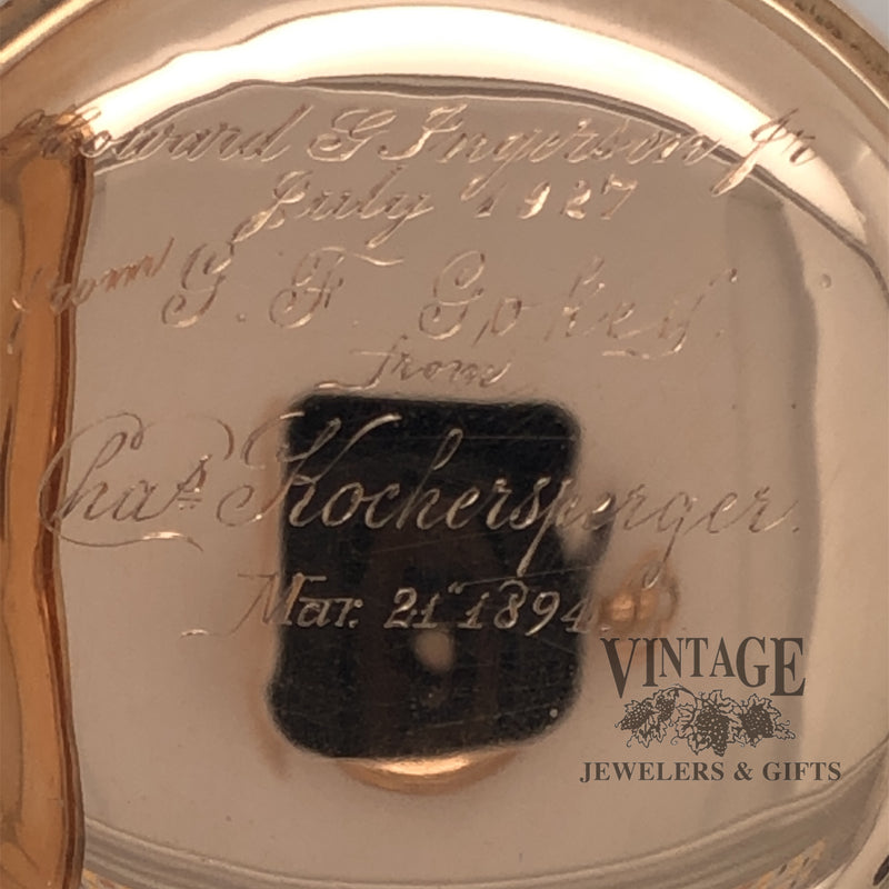 American Waltham pocket watch with solid 14k gold case, engraved inscription
