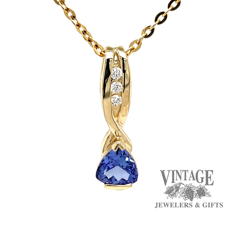 Trillion tanzanite and diamond 14ky gold pendant