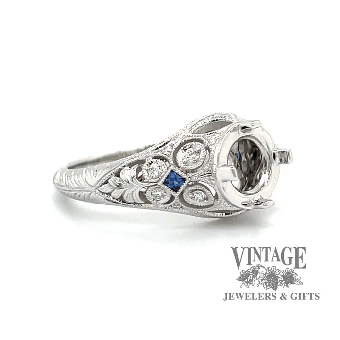 14 karat white gold diamond and sapphire vintage inspired ring mounting, angled view