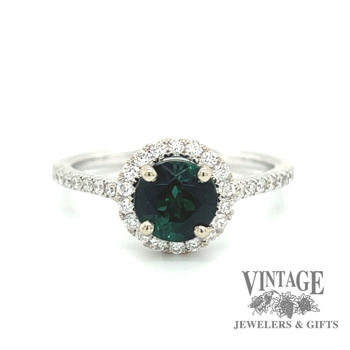 Green tourmaline and diamond 14kw halo ring
