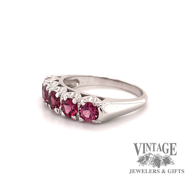 14 karat white gold estate rhodolite garnet 5 stone ring,, angled view