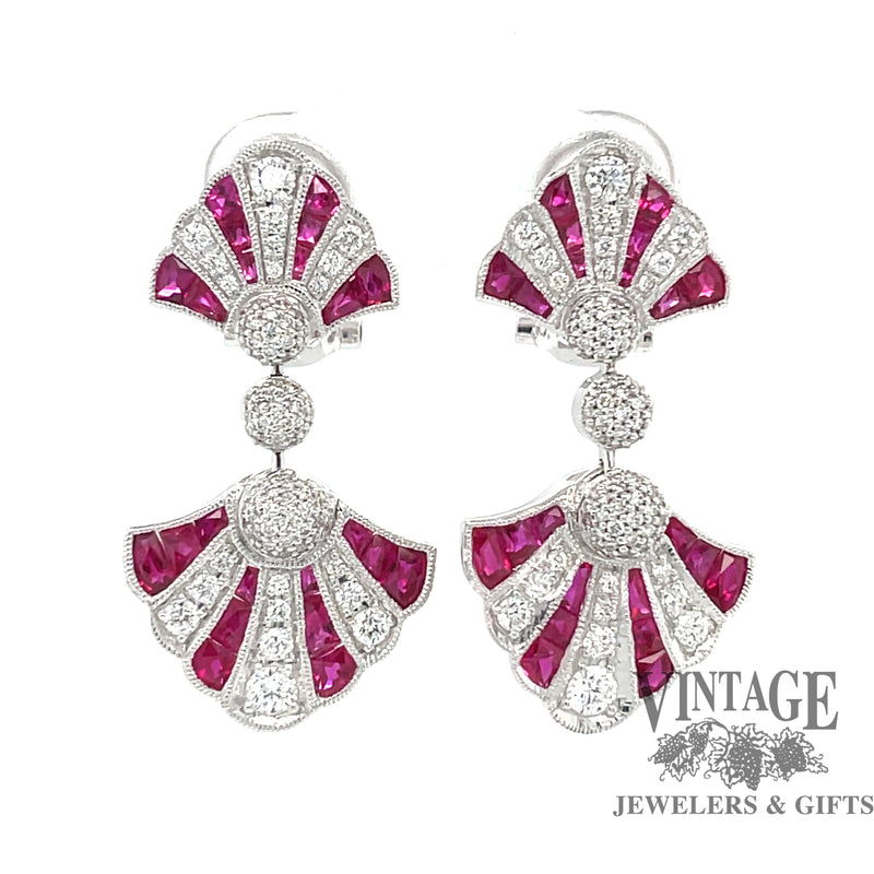 Ruby and diamond Art Deco inspired 14kw gold drop earrings