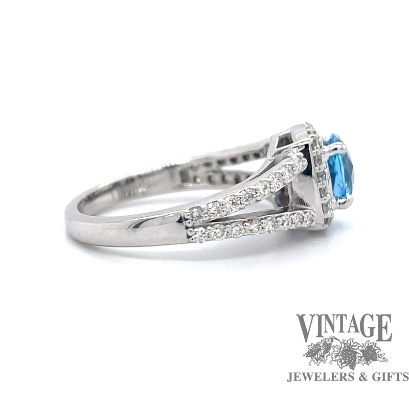 Blue topaz and diamond 14kw gold halo ring