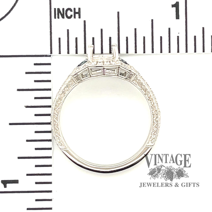 Platinum sapphire and diamond vintage Inspired hand engraved ring mounting, with measurements