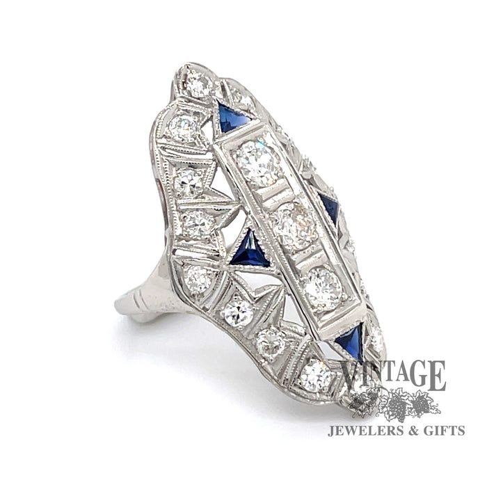 Platinum filigree Edwardian 1.56ctw diamond and sapphire ring, angled view