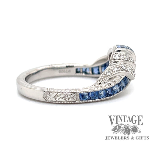 Art Deco inspired platinum sapphire and diamond shaped band, side view