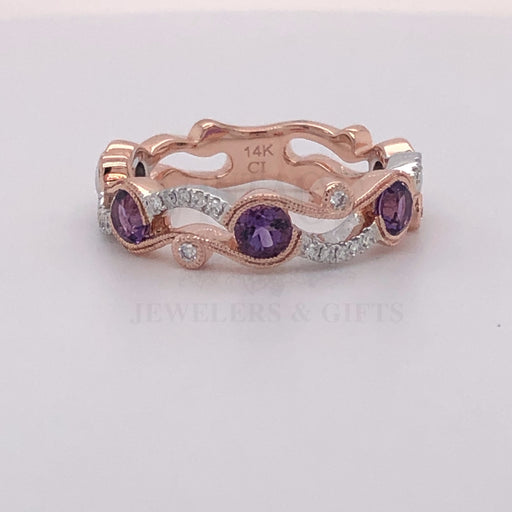 14 karat rose and white gold diamond band with amethyst