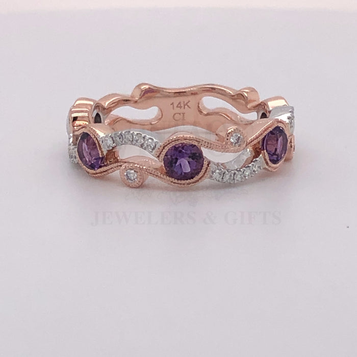 14 karat rose and white gold diamond band with amethyst