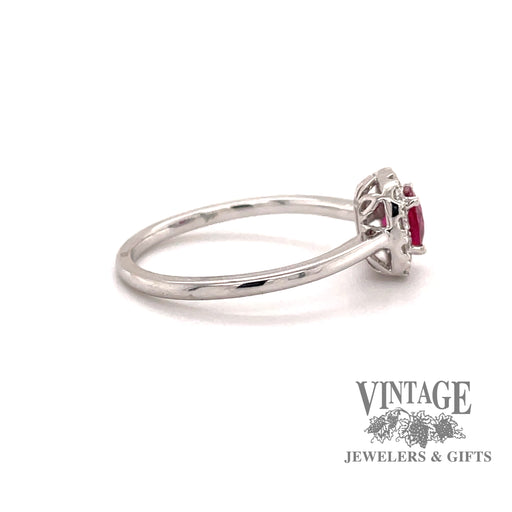 14 karat white gold ruby ring with diamond halo, side view