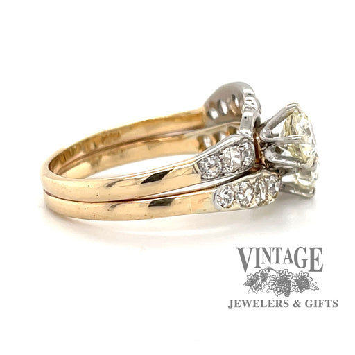 14 karat yellow and white gold 2.38 carat total weight diamond two stone vintage bypass ring, side view