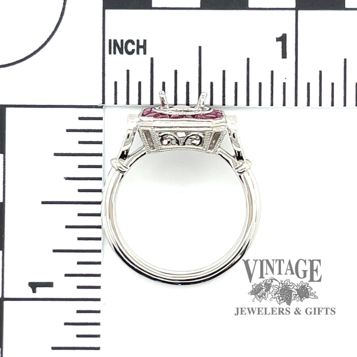 Platinum ruby and diamond ring mounting, with measurements
