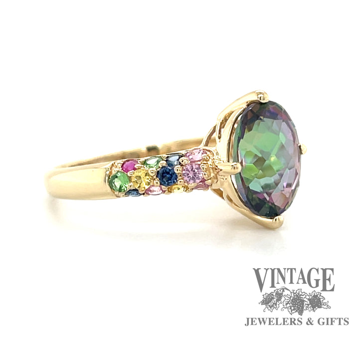 14 karat yellow gold mystic topaz multi color pave ring, angled view