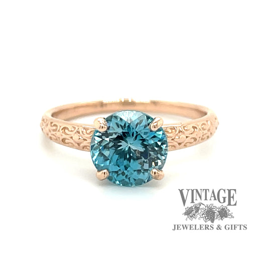 Blue zircon 14k rose gold embossed ring