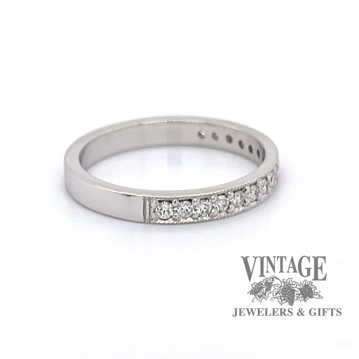 14 karat white gold milgrain edge diamond band, side view