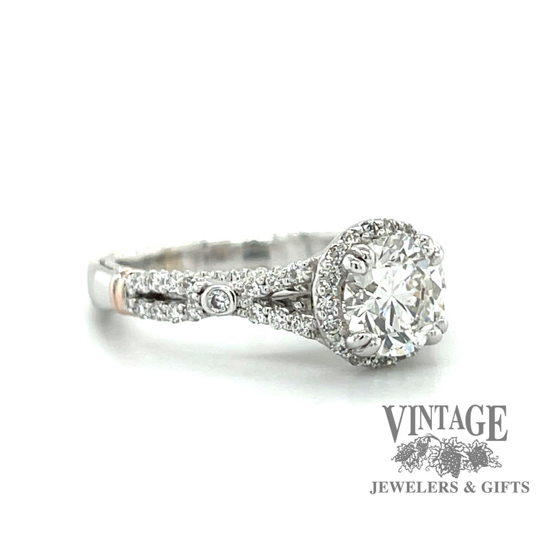 14kw and rose gold designer diamond ring by Verragio angle