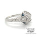 14 karat white gold Sapphire and diamond art deco style semi-mount ring for 6.5 mm center stone, angled view