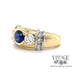 18 karat yellow gold & platinum 1.15 carat Sapphire and 1.02 carat total weight diamond 3-stone ring, angled view