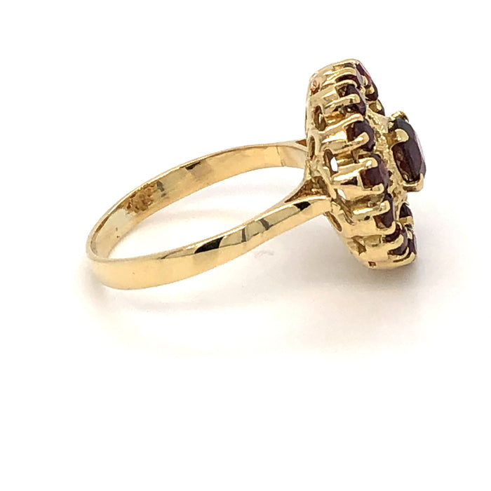 18 karat yellow gold filigree garnet cluster ring