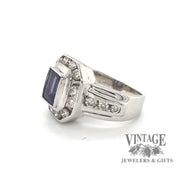 14 karat white gold 1ct emerald cut Tanzanite and diamond ring, side view