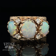 14 karat yellow gold three stone crystal opal and diamond ring