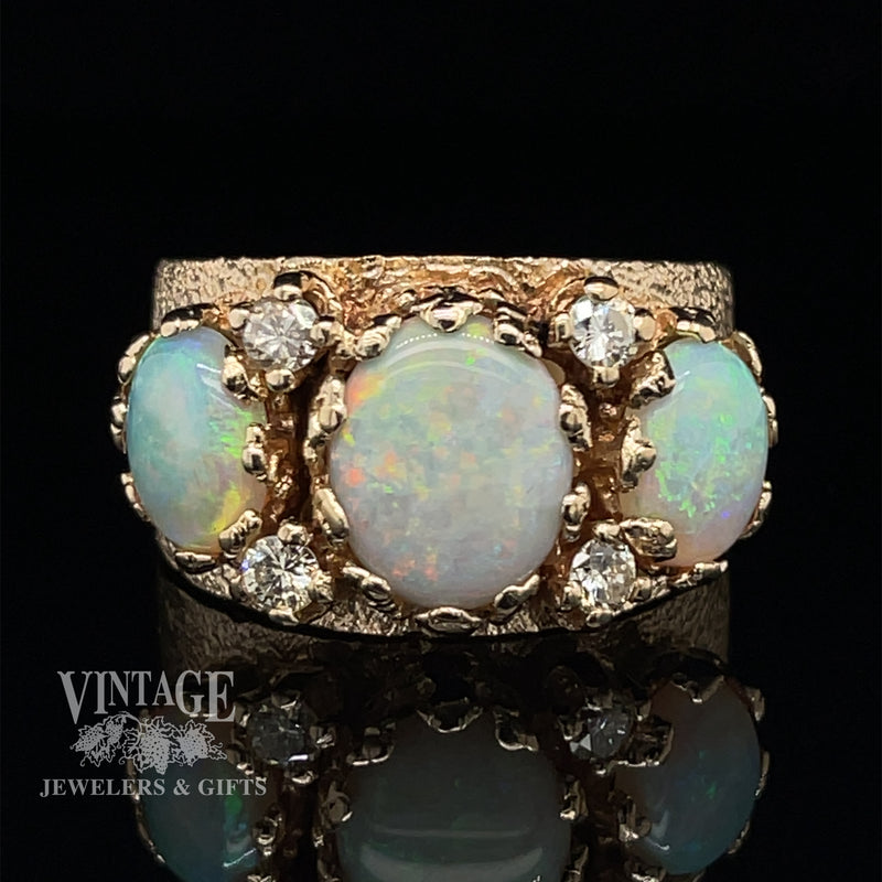 14 karat yellow gold three stone crystal opal and diamond ring