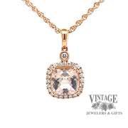 14 karat rose gold 1.09ct Morganite and diamond halo pendant