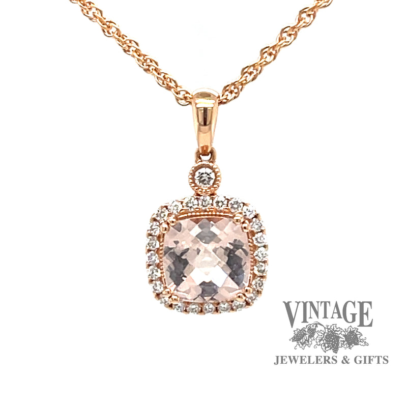 14 karat rose gold 1.09ct Morganite and diamond halo pendant