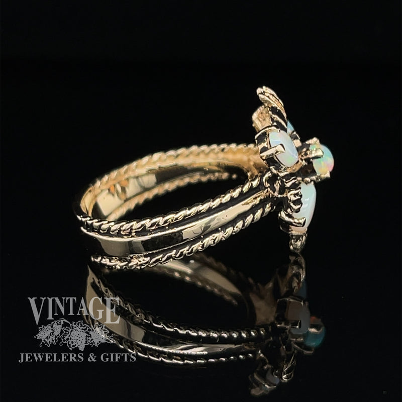 14 karat yellow gold opal flower motif cluster ring, side view