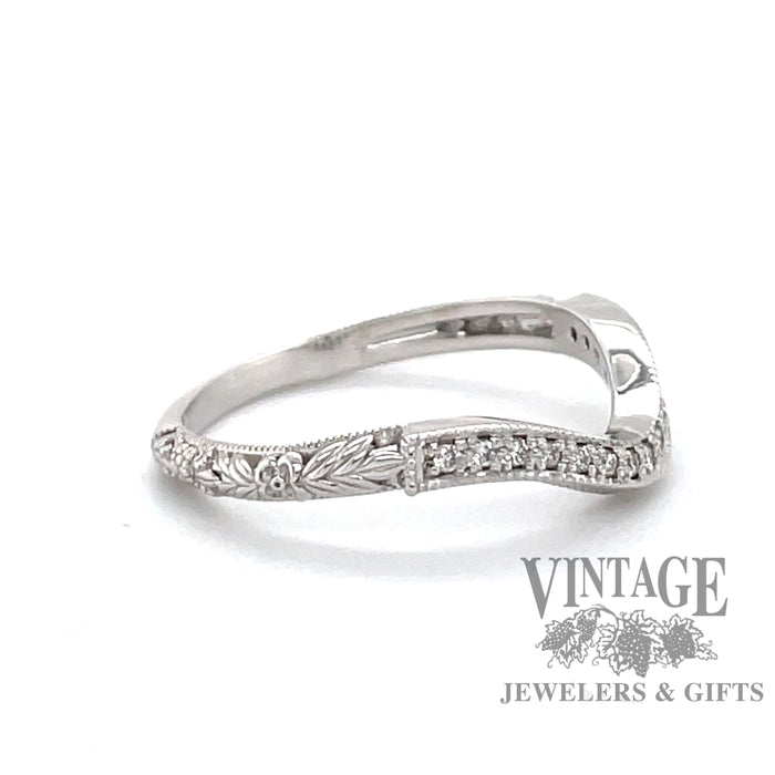 14 karat white gold curved diamond Edwardian inspired filigree floral and leaf design wedding band, side view