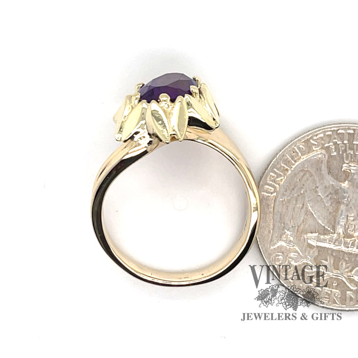 oval natural amethyst in 14ky gold leaf bypass ring  quarter for scale