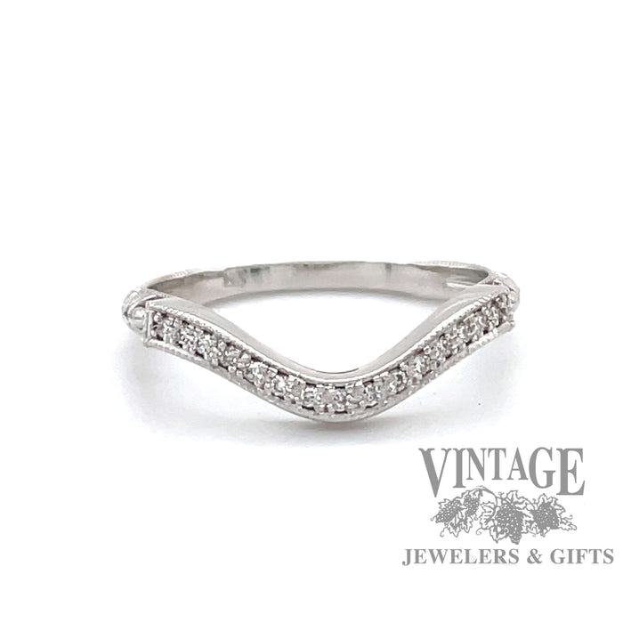 14 karat white gold curved diamond Edwardian inspired filigree floral and leaf design wedding band, front